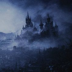 an image of a castle in the sky with fog coming from it's towers