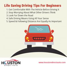 a red car driving down a road with the words life saving driving tips for beginners