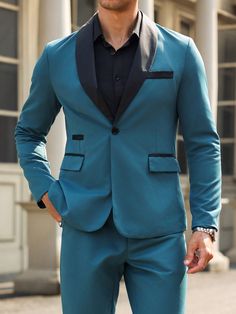 Men 2-Piece Contrast Color Long Sleeve Jacket And Pants Suit Teal Blue Party    Colorblock  Non-Stretch  Men Clothing, size features are:Bust: ,Length: ,Sleeve Length: Teal Suits For Men, Teal Suit, Teal Fashion, Sleeveless Tops Summer, Fashion Suits For Men, Blue Party, Long Sleeve Jacket, Pants Suit, Sleeve Jacket