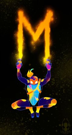 the letter m is made up of an image of a person doing yoga with their hands in the air