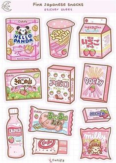 pink japanese snacks stickers sheet