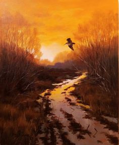 an oil painting of a bird flying over a stream in the woods at sunset or dawn