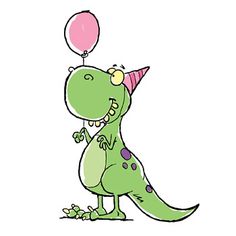 a cartoon dinosaur with a party hat holding a pink balloon in its mouth and standing on one foot