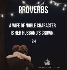 two people hugging each other with the words proverbs above them and lights in the background