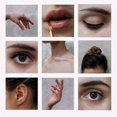 many different pictures of the same woman's face with her eyes open and hands on top