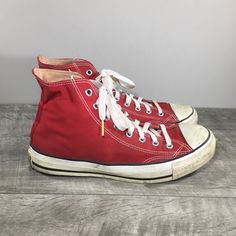 Up For Sale Is A Good Condition Pair Of Vintage Converse Chucks All Star Red Canvas High Top Men's Shoes Sneakers Kicks. Made In Usa. Size Marked On Bottom Outsole Is "9.5". Canvas Lined. Brown Rubber Soles. From Smoke-Free Home. Clean Inside And Out. Soles Were Curled Over But Not Stress Tested Or Worn. Can’t Guarantee The Longevity Of These Sneakers. Please Keep In Mind These Shoes Are 50 Years Old. These Are Collector Pieces And Probably Won’t Stand Up To Everyday Wearing. Approximate Outside Dimensions: 12 Inches Heel To Toe By 4.25 Inches Across The Ball Of Footwear. Retro Low-top University Red Sneakers, Retro University Red Low-top Sneakers, Classic Red Custom Low-top Sneakers, Classic Red Low-top Custom Sneakers, Vintage Red Mid-top Sneakers, Red Low-top Custom Sneakers With Vulcanized Sole, Retro Mid-top Sneakers With Red Sole, Red Slip-on Sneakers With Speckled Midsole, Vintage High-top Sneakers With Boost Midsole