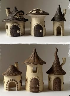 three pictures of small houses made out of clay