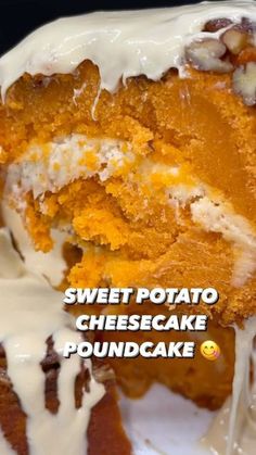 a piece of sweet potato cheesecake pound cake with white icing and nuts on top