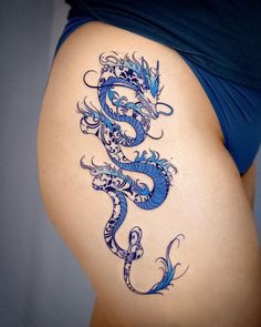 Porcelain Design Tattoo, Blue Haku Tattoo, Pretty Dragon Art, Porcelain Dragon Tattoo, Haku Dragon Tattoo Design, Dragon And Snake Tattoo, Blue Porcelain Tattoo, Color Dragon Tattoo, Colorful Dragon Tattoo