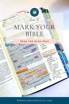 an open bible with the words mark your bible on it