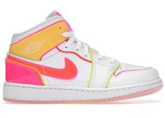 Jordan 1 Mid Edge Glow (GS) - CV4611-100 Jordan 1 Mid Edge Glow, Rosa Jordans, Neon Nike Shoes, Cute Jordans, Sandals Design, Pink Jordans, Pretty Sneakers, Trendy Shoes Sneakers, Nike Shoes Girls