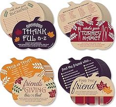 four coasters with thanksgiving sayings and leaves on the front, one for each