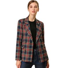 Pump up your power suit look with this Flap Pockets Plaid Pattern Blazer. Get yourself in a bold blazer with a double-breasted silhouette. Classic plaid patterns with a notched lapel and double-breasted closure blazer. Match jeans for a casual look, or pair it with a smart midi skirt for a boss lady vibe. All prepped up for the coming season, this double-breasted tartan jacket is loaded with styling options. These fashionable clothes for women can not only be worn daily but can also be easily ma Womens Plaid Blazer, Formal Blazer, Work Formal, Checked Blazer, Velvet Pants, Womens Blazers, Long Sleeve Blazers, Trendy Clothes For Women, Plaid Blazer