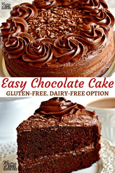 chocolate cake on a plate with the words easy chocolate cake gluten - free, dairy - free option