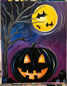 an acrylic painting of a jack - o'- lantern with bats on it