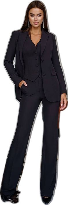 Single Breasted Tuxedo Suit For Office, Single Breasted Tuxedo Style Three-piece Suit For Office, Single-breasted Tuxedo Style Three-piece Suit For Office, Professional Three-piece Suit With Single Button For Office, Black Three-piece Suit For Office, Black Three-piece Suit With Suit Collar For Office, Tuxedo Style Pantsuit With Hidden Button Closure For Work, Single Breasted Notched Pantsuit For Office, Solid Color Tuxedo Suits For Workwear