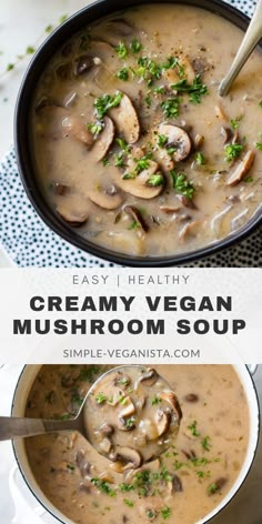 creamy vegan mushroom soup in a pot with spoon