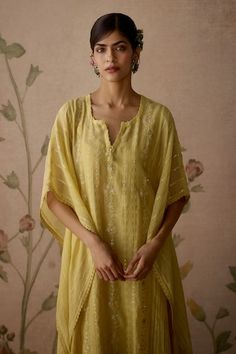 Lemon yellow kaftan with thread, sequin and floral embroidery. Comes with cotton pant with lace detailing and a slip. - Aza Fashions Yellow Sharara With Chikankari Embroidery For Spring, Yellow Chikankari Embroidery Kaftan, Yellow Cotton Sets With Mirror Work, Yellow Kaftan, Luxury Sale, Kareena Kapoor Khan, Types Of Work, Deepika Padukone, Lemon Yellow