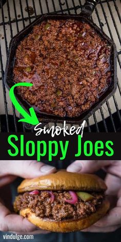 two pictures with the words smoked sloppy joes and an image of someone holding a hamburger