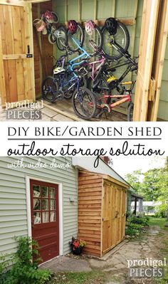 two pictures with the words diy bike / garden shed outdoor storage solution