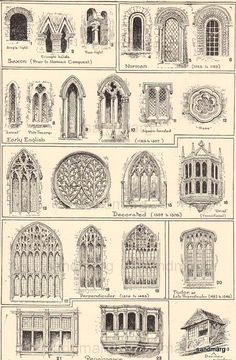 an old book with many different types of doors and window frames on it's pages