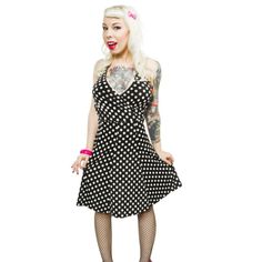 Go On And Swing The Night Away In This Darling Dress From Sourpuss! The Sweetheart Of Swing Dress Features White Polka Dots On A Black Halter Dress With A Faux Wrapped Waist. The Dress Features A Plunging V Neckline And Flared Skirted Bottom. The Back Features An Elastic Band At The Top For A Comfortable Fit. This Dress Is Easy To Wear And Looks Just Amazing On All Sizes! This Dress Runs True To Size, But If A Snugger Fit Is Desired, Please Size Down. Material Content: 95% Polyester 5% Spandex Polka Dot Pinup Dress For Summer, Summer Pinup Polka Dot Dress, Summer Polka Dot Pinup Dress, Spring Black Pinup Dress, Spring Pinup Black Dress, Eyeball Dress, Polka Dot Dress Black, Summer Maxi Dress Floral, Anchor Dress