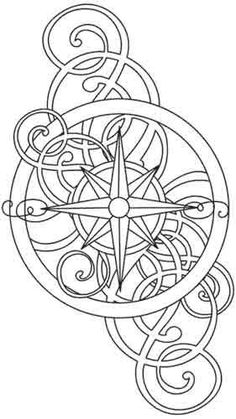 a drawing of a compass with swirls and scrolls on the bottom, in black and white