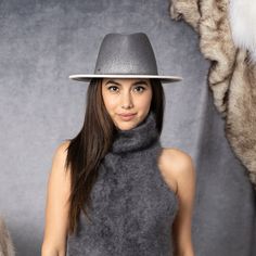 Gray/silver gradient-print wool felt geometric-crown fedora with gunmetal logo plate. SKU: 28099-05524 Modern Flat Brim Felt Hat For Winter, Luxury Fur Felt Hat With Flat Crown, Modern Brimmed Winter Fedora, Luxury Fur Felt Fedora With Flat Brim, Elegant Gray Fedora For Winter, Modern Winter Fedora Felt Hat, Modern Fedora Felt Hat For Winter, Modern Felt Fedora Hat For Winter, Luxury Felt Hat With Flat Crown