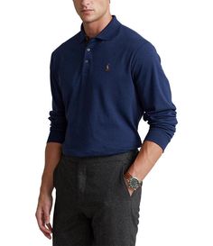 From Polo Ralph Lauren&#x2C; this shirt features:ribbed polo collarlong sleeves with ribbed cuffsthree-button placketmulticolored signature embroidered Pony at the left chestfaux-suede facingeven vented hemcottonmachine washImported. Long Sleeve Polo Shirt For Fall With Button Closure, Long Sleeve Polo Shirt With Ribbed Collar For Work, Fall Long Sleeve Polo Shirt With Button Closure, Fall Polo Collar Top With Button Cuffs, Casual Long Sleeve Polo Shirt For Business Casual, Blue Long Sleeve Polo Shirt For Work, Cotton Polo Shirt With Ribbed Cuffs For Fall, Long Sleeve Cotton Polo Shirt For Business Casual, Long Sleeve Polo Shirt