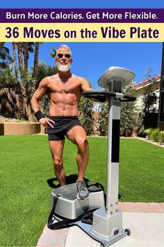 a man standing on top of a machine with the words burn more calories get more flexible