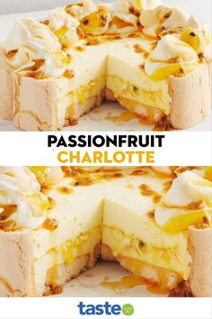 two different views of a cheesecake with the words passionfruit charlotte