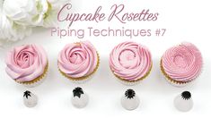 cupcakes with pink frosting are arranged in different shapes and sizes on a white background