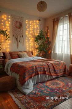 a bedroom decorated with lights and rugs