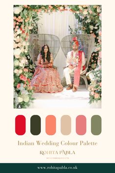 Your wedding colour palette will influence all the creative decisions for your wedding day. Picking a combination of complementary colours that you love is incredibly important. Your colour palette will influence your venue design, florals, wedding party outfits and table settings.  As an Asian wedding Planner, I help create a colour palette that will make your wedding dreams come true. To begin your wedding planning journey today, click the link to visit our website. Photography by Mohsin Ali Desi Wedding Color Schemes, Wedding Color Schemes Indian, South Indian Wedding Color Palette, Indian Wedding Palette, Sangeet Color Palette, Indian Wedding Colour Themes, Indian Wedding Colour Palette, Indian Wedding Theme Ideas Color Schemes, Indian Wedding Mood Board