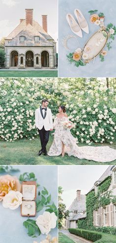 a couple standing in front of a house surrounded by flowers and greenery with their wedding rings