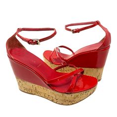 Vintage 1990's PRADA Sz 39.5 Red Patent Leather & Cork Platform Wedge Sandals Item is in good overall pre-owned vintage condition; some nicks in leather wrapped platform; especially at heel back and front edge of toe boxes; please see photos for complete condition assessment. Approximately 5" platform in back; 2" in front. Photos are of actual item being sold. Manufacturer-specific size chart in photos for correct fit assessment. Item Number: 14834 Leather Wedge Sandals With Red Sole, Spring Leather Wedge Sandals With Red Sole, Red Round Toe Wedge Sandals For Formal Occasions, Red Leather Wedge Sandals For Party, Leather Open Toe Wedge Sandals With Red Sole, Platform Wedge Sandals, Platform Wedge, Leather Wraps, Platform Wedges