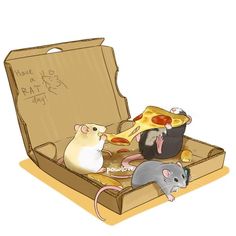 two mice are eating pizza in an open box