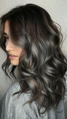 21 Gray Hair Color Ideas That Will Make You Love Your Look | Lookosm Embracing Gray Hair, Charcoal Grey Hair, Curly Silver Hair, Cool Brown Hair, Hair Styles Long Hair, Gray Hair Color Ideas