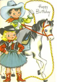 an old fashioned birthday card with a boy and girl on a horse holding a lasso