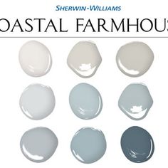 several different shades of gray paint with the words coastal farmhouse