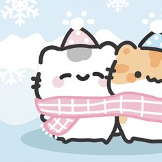 two hello kitty hugging each other in the snow with hats and scarf around their necks