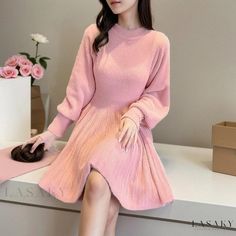 Lasaky - Faux Mink Sweater Dress: Retro-inspired Knitted Dress for Layering or Standalone Wear Dress Collar, Timeless Wardrobe Staples, Knitted Dress, Fairy Dress, Fur Fashion, Knit Sweater Dress, Mink Fur, Lantern Sleeve, Outdoor Wear