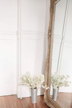 two vases with flowers are sitting on the floor in front of a mirror