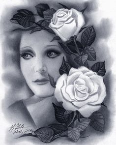 a drawing of a woman with roses in her hair