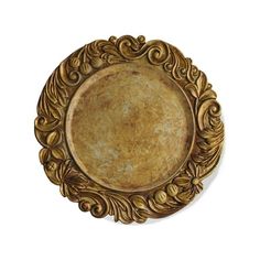 an ornate gold plate on a white background