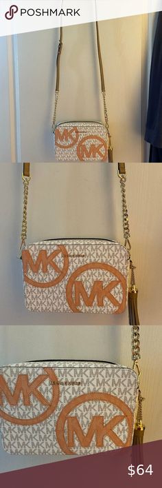 Michael Kors Logo Ginny medium leather crossbody bag cream tan brown NWOT Michael Kors Logo, Gift Love, Peach Color, Gorgeous Bags, Leather Tassel, Tan Brown, Melon, Tan Leather, Leather Crossbody Bag