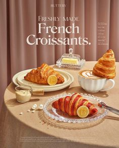 the advertisement for buttery made french croissants is displayed on a table