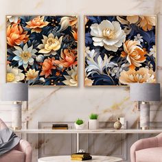 two floral paintings on the wall in a living room