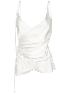 white satin finish picot trim gathered detailing wrap design V-neck sleeveless open back high-low hem Satin Wrap Blouse, White Wrap Blouse, Versace Outfit, City Dress, Demi Fine Jewelry, Summer Beach Wear, Blouse White, Wrap Blouse, White Satin