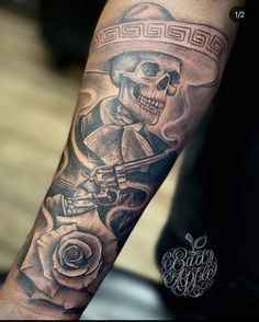 Mariachi Skull Tattoo Design, Mexican Gothic Tattoo, Dia De Los Muertos Tattoo Ideas Sleeve, Spanish Tattoos Men, Mexican Cowboy Tattoo